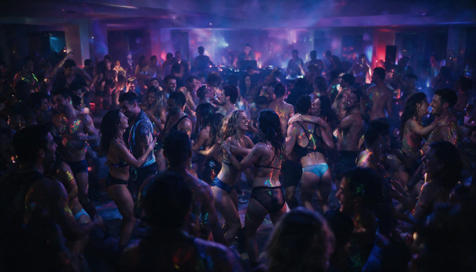 A packed HouseMatez party crowd dancing under neon and UV lights