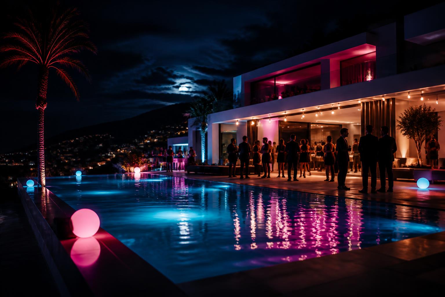 Luxury modern property at night with neon lighting and guests mingling